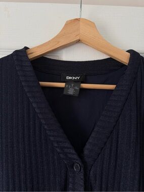 DKNY Navy Ribbed V-Neck Button Dress Size M